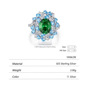 Exquisite S925 sterling silver ring with oval emerald and teardrop aquamarine stones