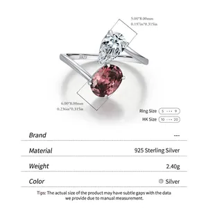 S925 sterling silver bypass ring with pear-cut clear and oval pink stones