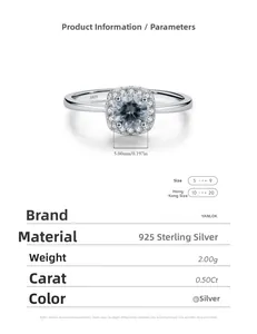 Detailed specs of S925 silver ring featuring 0.50Ct moissanite with 5mm stone diameter