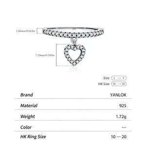 S925 sterling silver heart charm ring with sparkling full pavé cubic zirconia