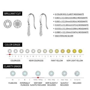 Elegant D color VVS1 moissanite S925 silver hook earrings with brilliant round cut stones