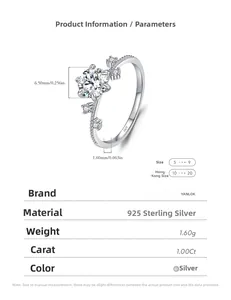 Detailed dimension guide for 1.0ct moissanite S925 silver ring with 6.5mm main stone