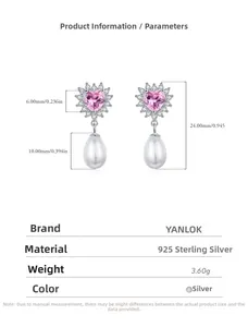 Detail of s925 silver earrings featuring pink heart zircon and white teardrop pearl