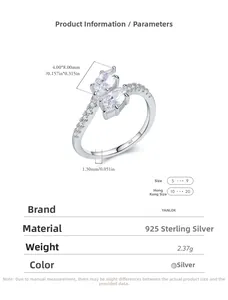 Detail view of S925 sterling silver ring with marquise zircon stones and size dimensions