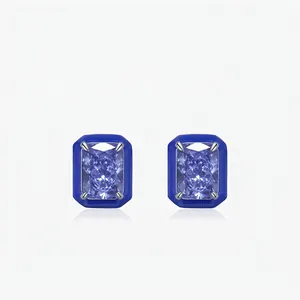 Boucles d'Oreilles Clous en Argent Sterling 925 Bleu Mer Strass Élégant Émail Géométrique Quadrilatère Bijoux Femme