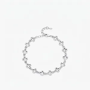 925 Sterling Silver Hollow Cross Link Bracelet Vintage Minimalist Neutral Style Adjustable Jewelry Gift For Women Hand Accessories