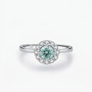 S925 Sterling Silver Bluish Green Moissanite Halo Ring For Women Round Brilliant Cut Inlaid Zirconia Elegant Fashion Jewelry Ring Gift With GRA Certificate