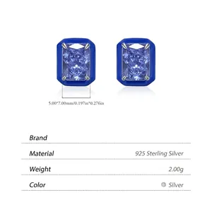 Boucles d'oreilles rectangulaires en argent S925 bleu avec bordure étincelante