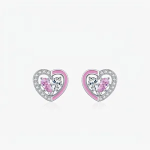 Boucles d'Oreilles Clous Cœur en Argent Sterling 925 Émail Rose pour Femmes Filles Bijoux d'Oreille Romantiques avec Zirconia