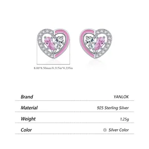 Boucles d'oreilles cœur en argent sterling S925 avec émail rose et zircons