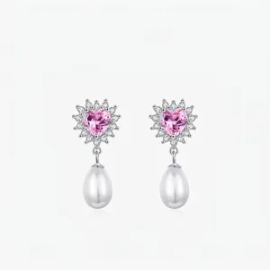 Elegant Heart Shaped Pink Zircon Dangle Earrings With 925 Sterling Silver Earring Post Teardrop Artificial Pearl Sweet Women Jewelry