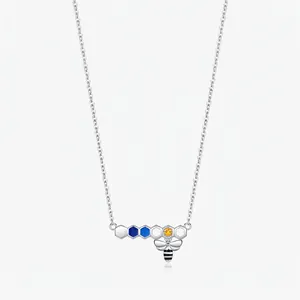 925 Sterling Silver Bee Honeycomb Pendant Necklace For Women Cute Animal Inlaid Zirconia Blue Enamel Clavicle Chain Jewelry