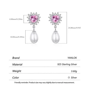 Elegant S925 sterling silver drop earrings with pink heart stones and white pearls