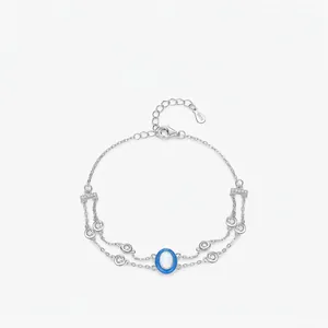 Bracelet Multicouche en Argent Sterling 925 pour Femme Émail Bleu Opale Synthétique Ovale Strass Réglable Bijoux