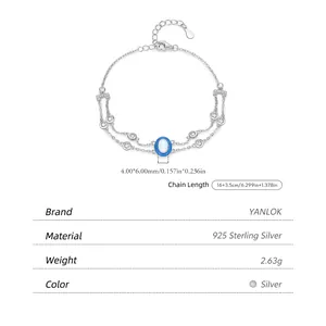 Bracelet multicouche en argent 925 avec opale bleue ovale et zircons brillants