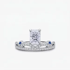 S925 Sterling Silver Crown Ring Rectangular Rhinestone Elegant Finger Ring Fashion Jewelry For Women Blue Accents Gift
