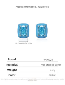 Technical specs for 925 sterling silver studs with 5x7mm blue square faux diamonds