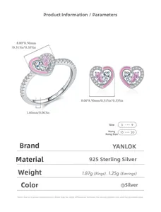 Detailed size chart for S925 sterling silver heart-shaped ring and earring jewelry set