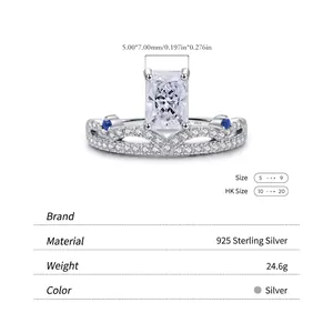 Elegant S925 sterling silver crown ring with a 5x7mm rectangular diamond zircon stone