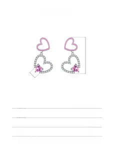 Detailed size view of s925 silver pink hollow heart earrings with sparkling diamonds