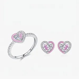 S925 Sterling Silver Heart Jewelry Set Pink Zirconia Inlaid Heart Ring Stud Earrings For Women Sweet Romantic Style