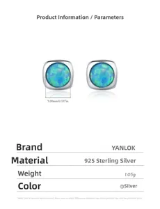 Macro detail of S925 silver square opal earrings with precise dimensions and size chart