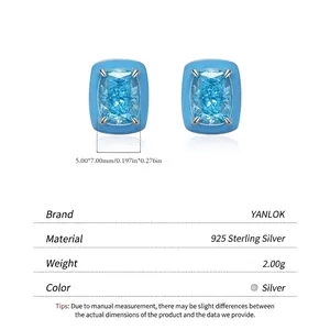 Elegant 925 sterling silver sky blue cushion-cut stud earrings with enamel border