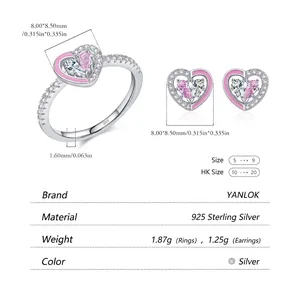 S925 silver heart jewelry set with pink pear-cut crystals, ring and earrings set