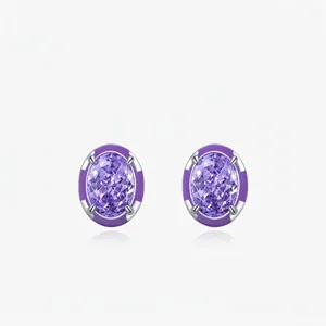 Lavender Oval Zirconia Stud Earrings 925 Sterling Silver Elegant S925 Ice Flower Cut Cubic Zirconia Commute Jewelry For Women
