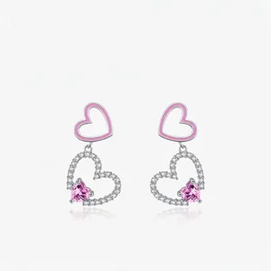 925 Sterling Silver Double Heart Dangle Earrings Pink Enamel Hollow Zirconia Inlaid Sweet Romantic Jewelry For Women Girls