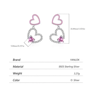 Pink heart-shaped 925 sterling silver drop earrings with diamonds and 26mm size marking