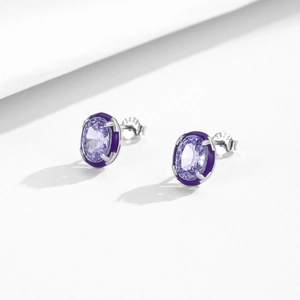 Elegant S925 silver stud earrings with oval lavender crystals and purple enamel borders