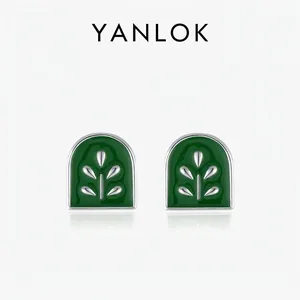 925 Sterling Silver Green Enamel Leaf Stud Earrings Vintage Geometric Botanical Badge Jewelry For Women Girls Accessories