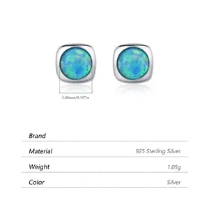 Minimalist S925 sterling silver opal stud earrings with 5mm blue fire opal center stone