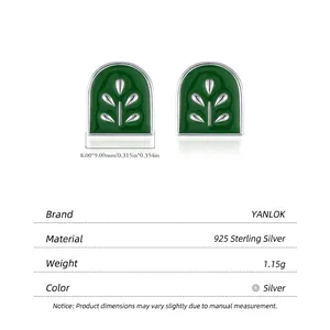 S925 silver stud earrings with green enamel plant badge design and arch shape