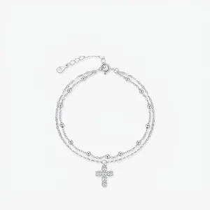 S925 Sterling Silver Double Layer Bracelet Rhinestone Cross Pendant Bead Chain Individual Minimalist Jewelry For Women