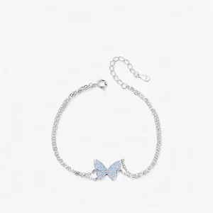 925 Sterling Silver Double Layer Butterfly Bracelet For Women With Light Blue Zirconia Inlaid Fairy Style Hand Jewelry