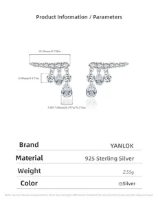 Detailed view of S925 sterling silver drop earrings with pear-cut cubic zirconia and dimensions
