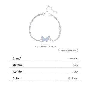 S925 sterling silver double-layer bracelet with light blue crystal butterfly charm