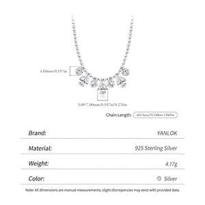 S925 sterling silver geometric pendant necklace with sparkling stones, 40+5cm length