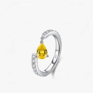 925 Sterling Silver Yellow Water Drop Pendant Open Ring For Women Adjustable Rhinestone Inlaid Elegant Minimalist Finger Ring Jewelry