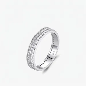 925 Sterling Silver Double Row Ring For Women Sparkling Rhinestone Geometric Pyramid Texture Personalized Fashion Jewelry