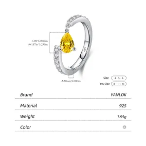 S925 sterling silver ring featuring a pear-cut yellow gemstone and side pave diamonds