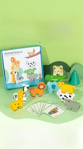 Detailed close-up of colorful wooden animal balance blocks and instruction cards