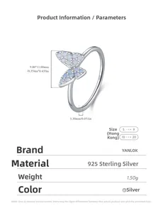 Detailed size chart for S925 silver butterfly ring with dimensions and stone specs