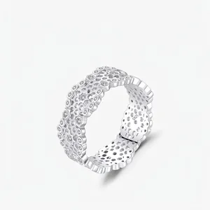 French Luxury S925 Sterling Silver Honeycomb Hollow Band Ring For Women Elegant Rhinestone Inlaid Fashion Individual Jewelry