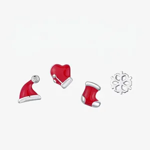 Boucles d'Oreilles Clous Noël en Argent Sterling 925 Émail Rouge Bonnet de Noël Chaussette Flocon Strass Bijoux Femme