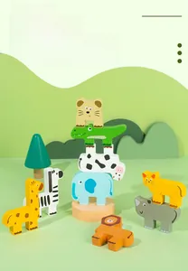 Close-up of animal wooden balance blocks with colorful lion and giraffe shapes for toddlers