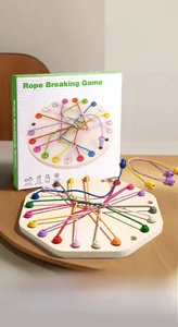Close-up of wooden Rope Breaking Game showing base, colorful hooks and woven cords