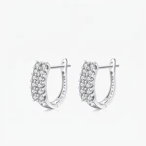 925 Sterling Silver U-Shaped Hoop Earrings For Women Luxury Double Row Pave Zirconia Inlaid Western Fashion Jewelry Gift